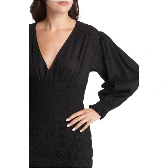 FRAME Denim V neck Smocked Long Sleeve Mini Dress Size Small Black NWT